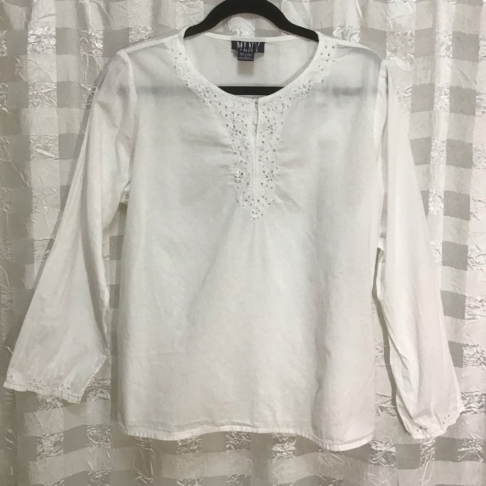 MLNY Women's White Embroidered & Sparkling Sequins Blouse, Size L